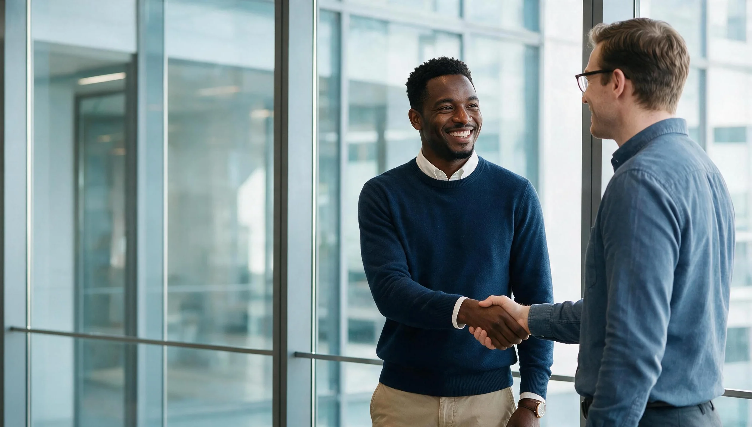 Two professionals shaking hands in a bright office